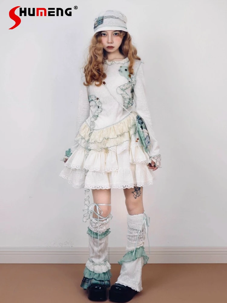 Original novo outono irregular renda emenda cor contrastante manga comprida de malha camiseta topo branco bolo saia empilhamento meias