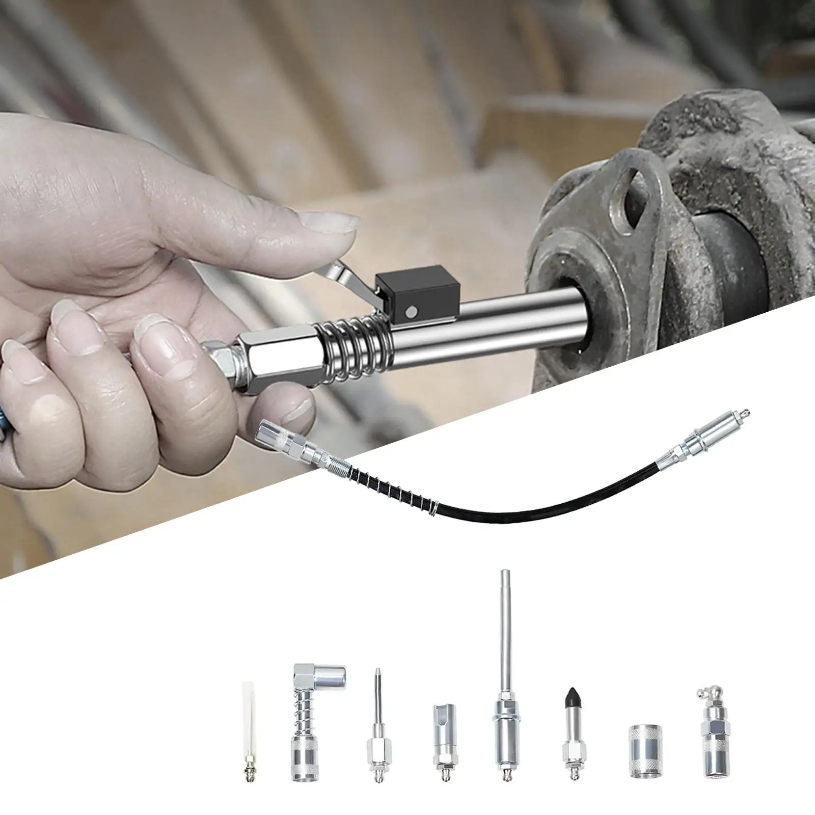 

9 Pieces Grease Coupler Kit Alloy Steel Sturdy High Hardness Durable with Flex Hose Zerk Fitting Adapters Greasing Accessory Kit