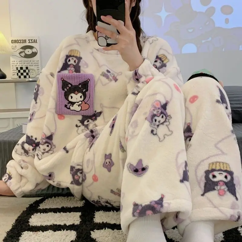 

Kawaii плюшевый пижамный костюм Hello Kitty Kuromi женский аниме зимний мягкий комплект из 2 предметов домашняя одежда для девочек милые брюки с длинными рукавами домашняя одежда