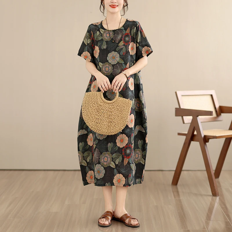 

Summer New Loose Cotton Women's Dress Artistic Short Sleeve Holiday Casual Style Printed Slimming Citywalk Lantern Skirt