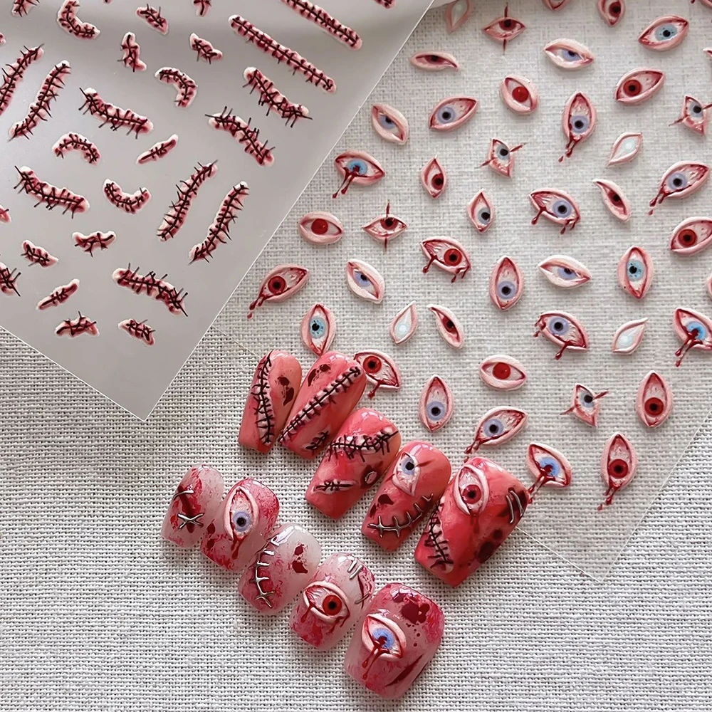 1 Stück 5D Geprägte Blutunterlaufene Augen Nagelaufkleber Horror Gruselige Rote Augen mit Blutrivern Nagelsticker Gothic Halloween Nagelkunst Deko – Detail 3