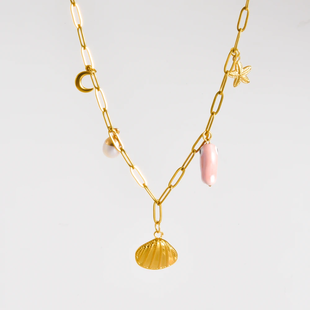 Personality Stainless Steel Natural Pearl Shell Ceramic Fish Starfish Moon Chic Necklace No Fade Collares Mujer Accessories Gift