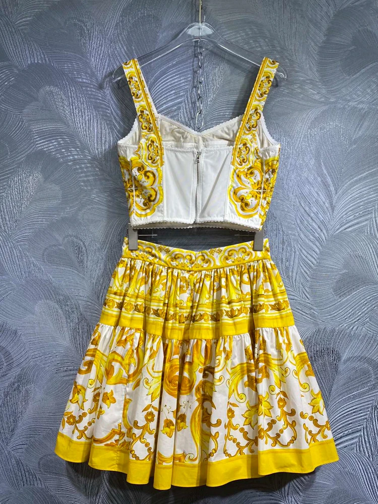 SEQINYY Yellow Suit 100% Cotton High Quality Summer Spring New Fashion Crop Top + Mini Skirt Vintage Flower Print Sicily Casual