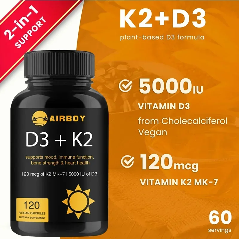 Vitamin D3+K2 Capsules - For Regulate Calcium Metabolism, Promote Bone, Heart and Immunity System Health
