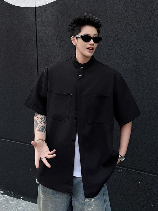 

Мужская повседневная футболка из ледяного шелка с коротким рукавом и воротником-стойкой, летняя, легкая, премиум-класса, трендовая