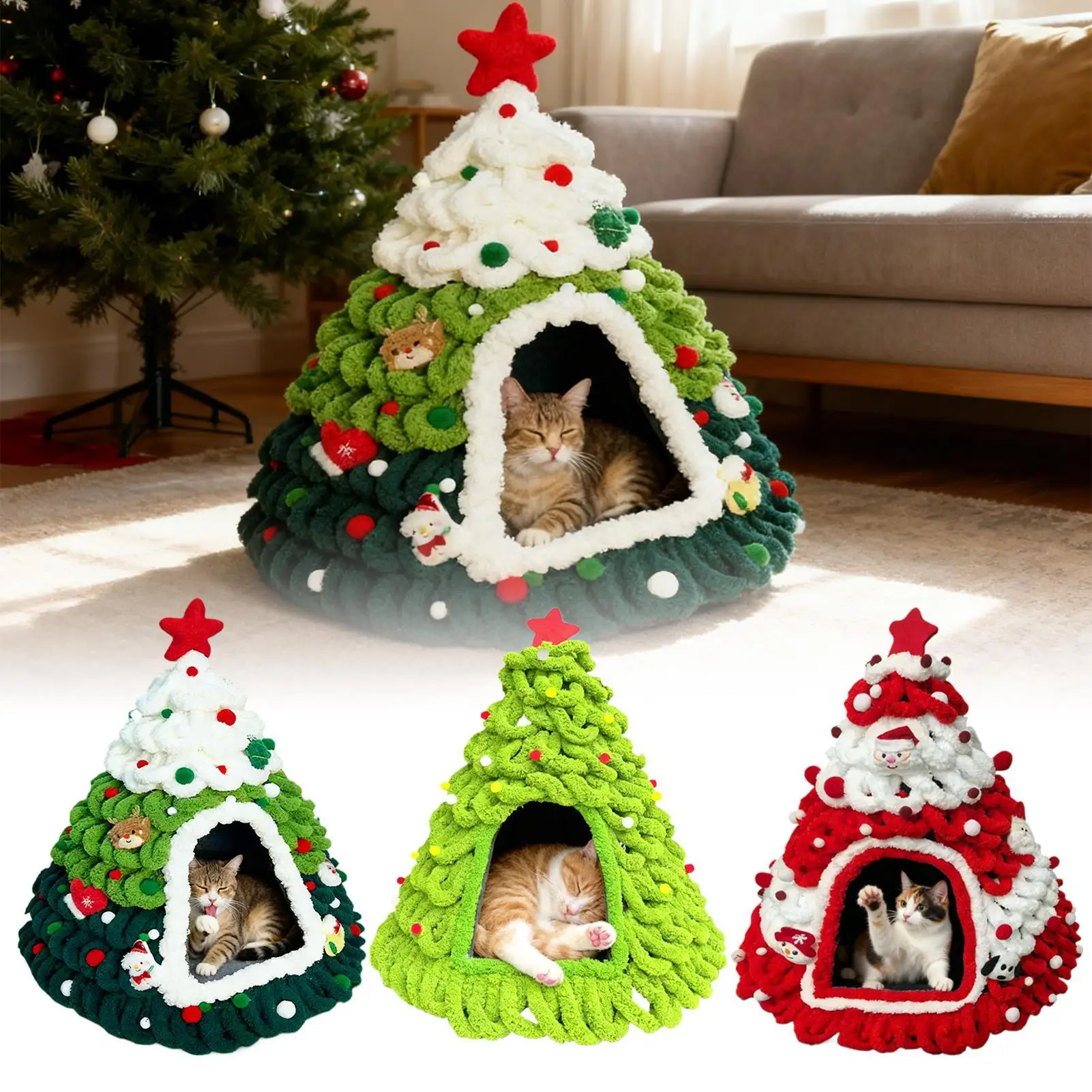 Cat House Tree Design Shelter Knitted Nest Warm Christmas Tree Cat Bed for Kitten Small Pet Indoor Outdoor Home Winter Sleeping