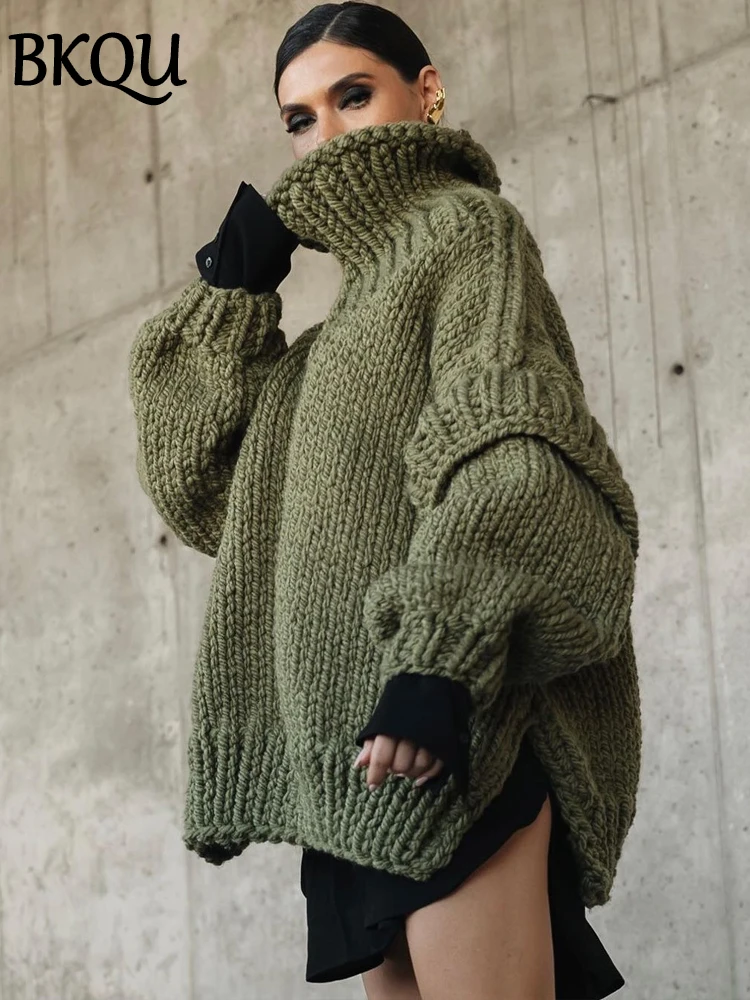 BKQU Turtleneck Sweaters for Women Fake Two-piece Thick Warm Loose Knit Pullover 2024 Autumn Winter Knitwear Hot Sale Outfits