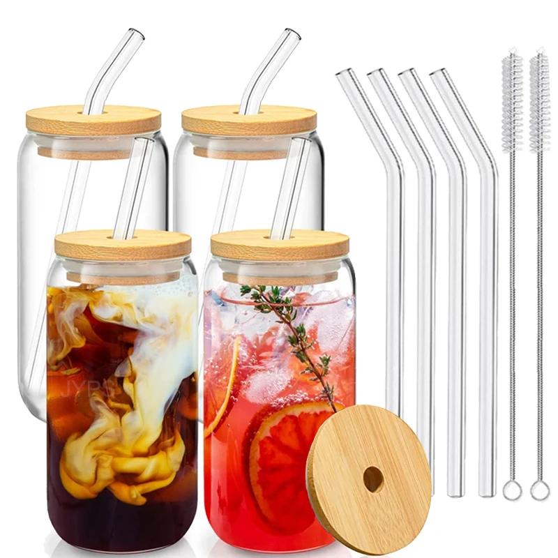 Copo de vidro transparente com palha e tampa de bambu Copo de chá bolha Copos frios Caneca de café gelada Cerveja pode suco de leite, Copos de vidro transparente
