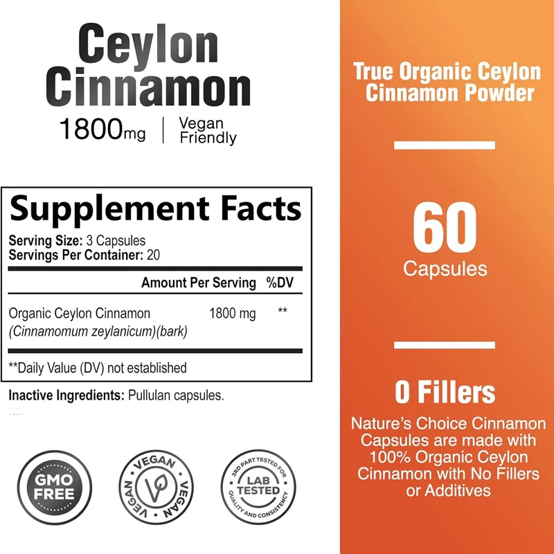 Ceylon Cinnamon Pills 1800mg, gluten free and non GMO, Sri Lanka Cinnamon Powder Cap, sugar free and dairy product-60 capsules