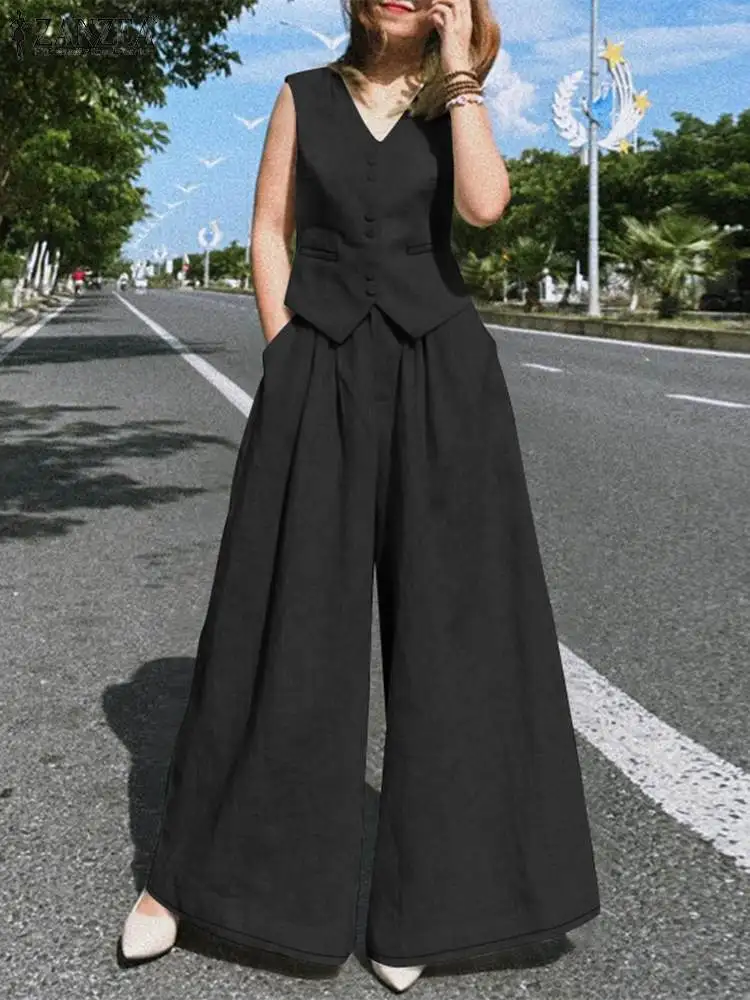 2024 ZANZEA Summer OL Work Trousers Suits Elegant Sleeveless Tops Wide Leg Pants Sets Women Casual Loose Holiday Tracksuit 2PCS