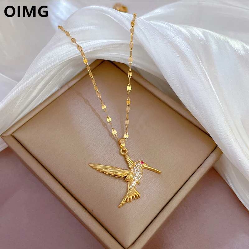 OIMG 316L Stainless Steel Gold Plated Hummingbird Bird Pendant Necklace For Women Fashion Girls Woodpecker Clavicle Chain Sexy