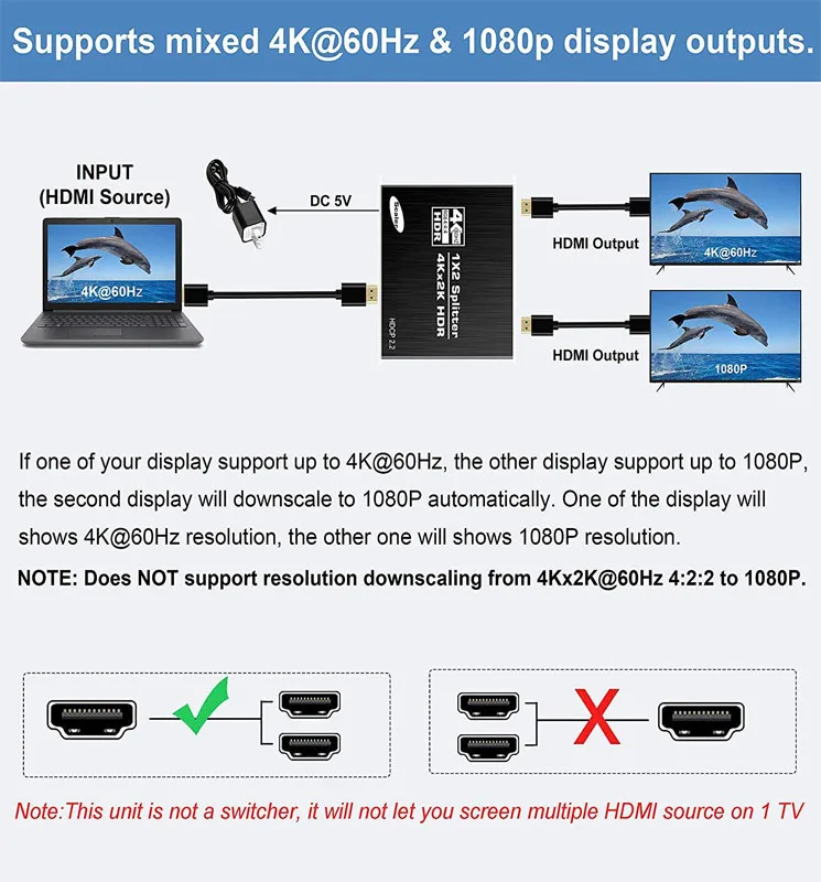 HDMI Splitter 2.0b 1x2 Splitter With Scaler 4K60Hz HDR10 1 In 2 Out Dual Different Resolution Video Processor