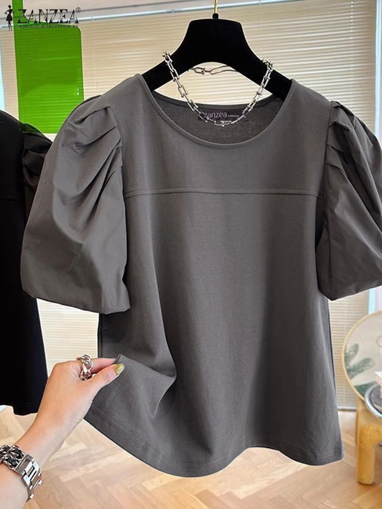 ZANZEA Fashion Summer Blouses Women Elegant Short Puff Sleeve Work OL Shirt Casual Solid O Neck Tunic Tops Stylish Party Blusas