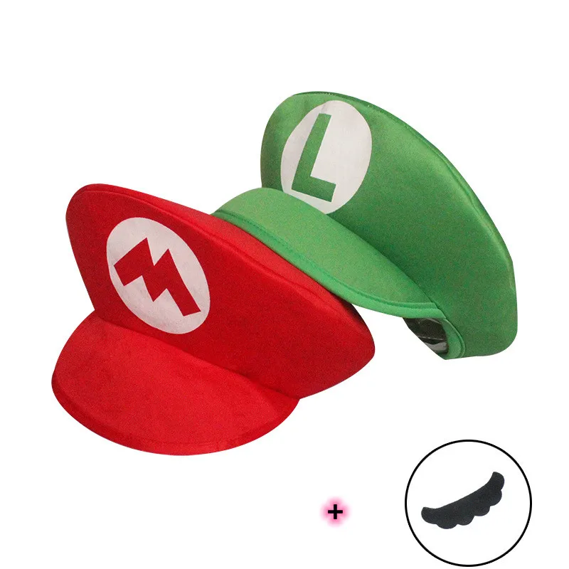 

Funny Adult Kids Bors Anime Cartoon Super Game Luigi Cosplay Hats Beard Red Green Cap Party Prop