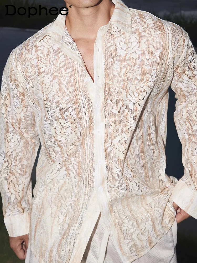 

Men's 2026 Spring Autumn New Fashion Lapel Lace Long-sleeve Shirts Hollow Out Floral Comfort Shirts Loose Breathable Trendy Tops