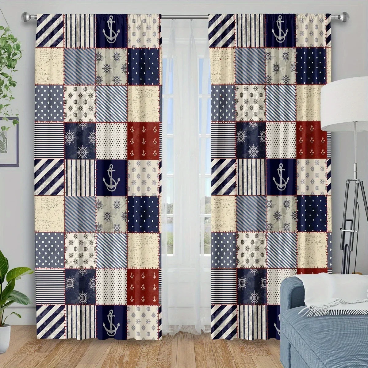 Marine splicing anchor and ship wheel Print Drapes Room Darkening Window Curtains for Home Decor,Rod Pocket Blackout Curtains