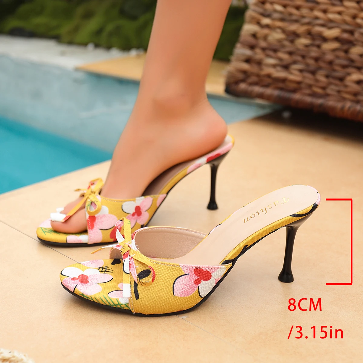 

Summer Floral High Heels 8CM Women Slippers Fashion Round Toe Ladies Outdoor Party Dress Slides Ethnic Style Thin Heel Slippers