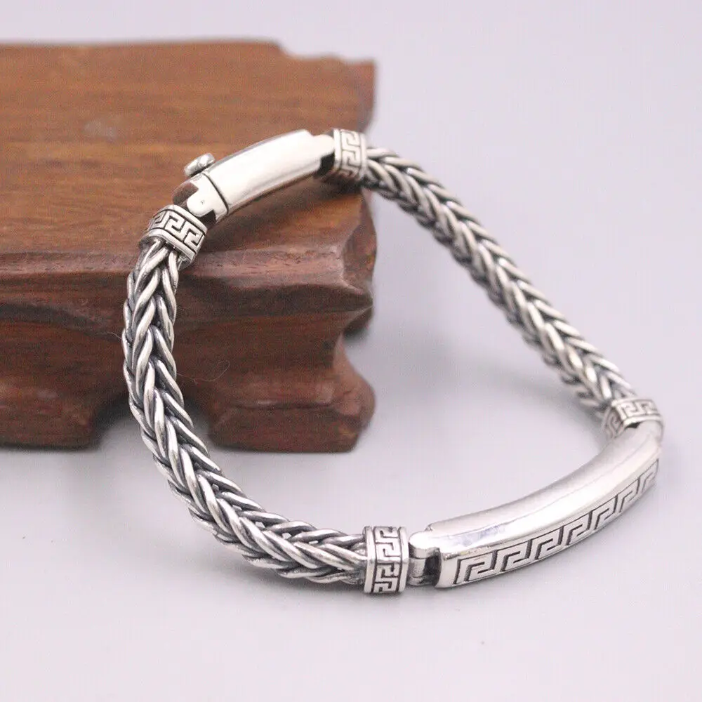 

Real 925 Sterling Silver 6.5mm Fret Pattern ID With Wheat Link Bracelet 7.48" L