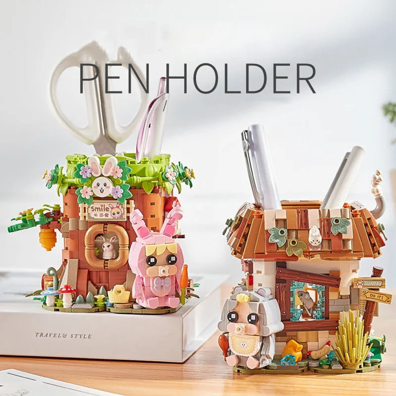 

Creative Building Brick Tree Trunk House Pen Container Mini Block Rabbit Desktop Stationery Educational Toys For Kids Gifts