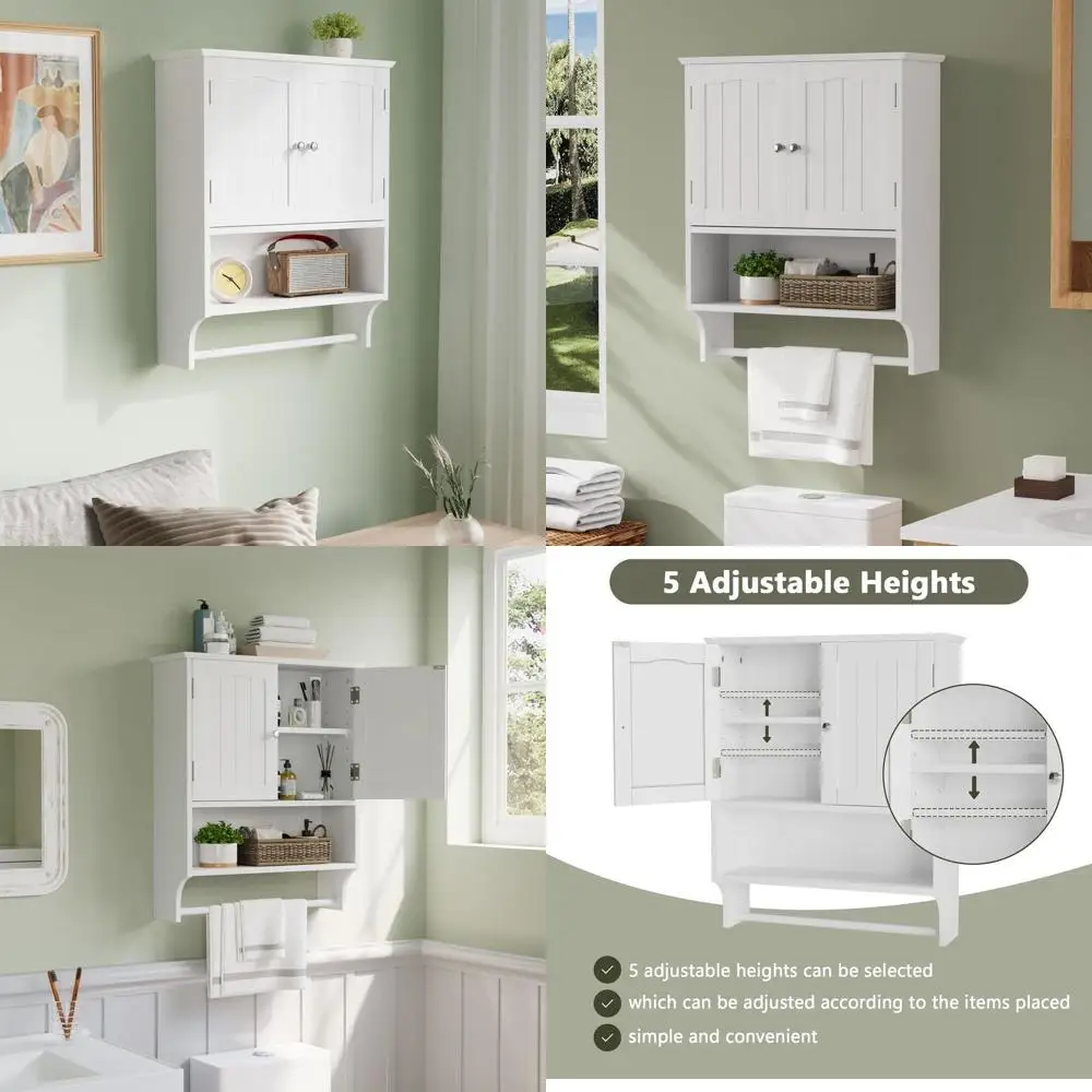 

Настенный белый шкаф для ванной комнаты с полкой для полотенец и 2-дверным отсеком для хранения медикаментов