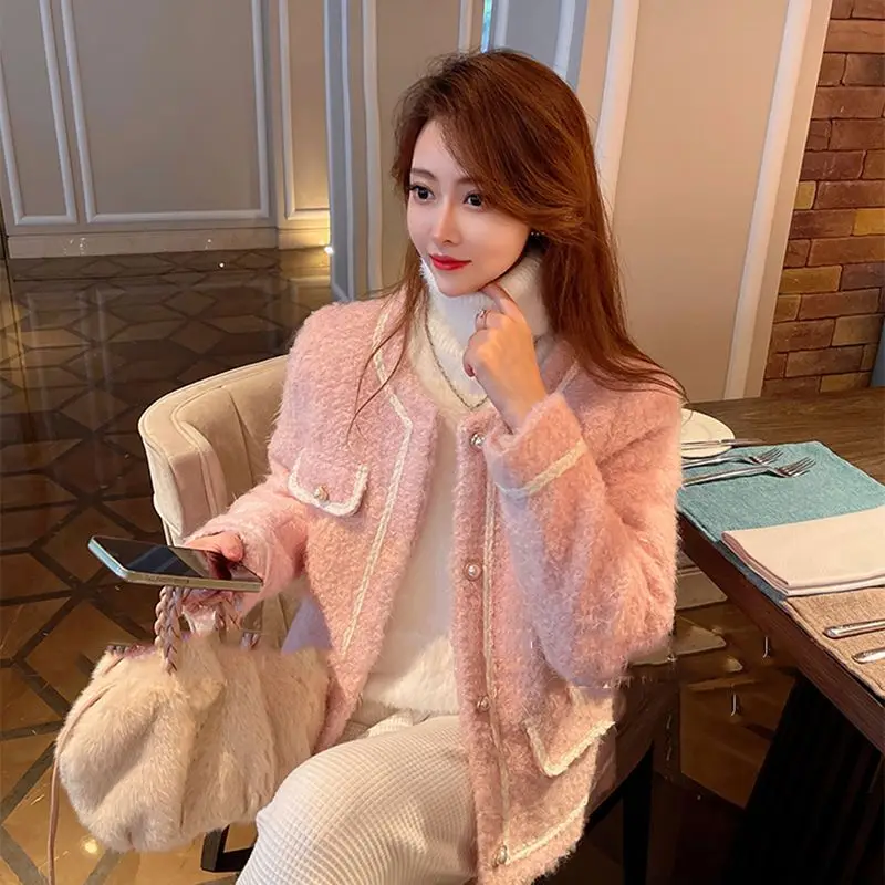 Women's Round Neck 2023 Thickened Quilted Pink White Lamb Suit Coat Lady Winter New Sweet Blazers