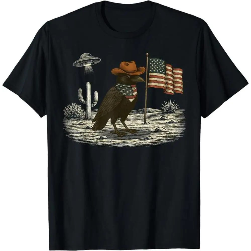 

Women's Funny Patriotic T-Shirt | Alien UFO Cowboy Raven Graphic Tee | 4th of July Western Sci-Fi Gift Top