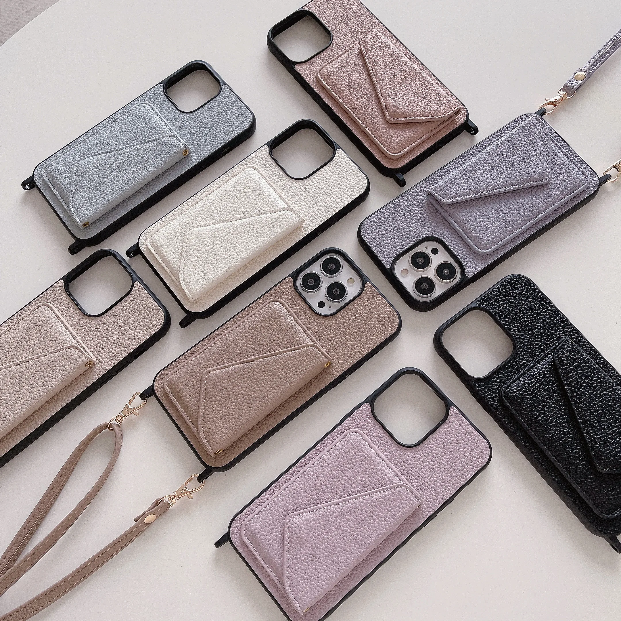 

Crossbody Lanyard Slot Card Leather Wallet Phone Case For iPhone 15 14 13 12 11 Pro Max Necklace Strap Rope Cord Leather Cover