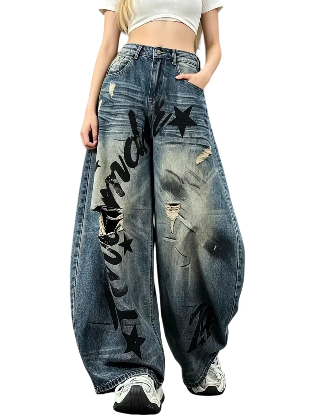 High Waist Wide Leg Denim Jeans Women's Loose Fitting Floor Length Torn Vintage American Style Blue Color Summer New Arrival