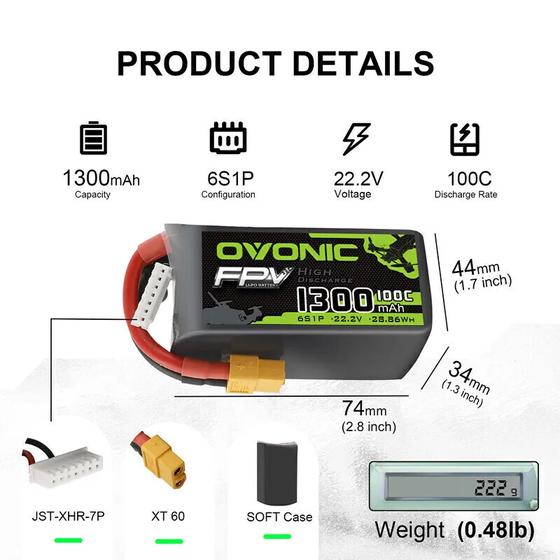 Original OVONIC 1300mAh 22.2V 100C แบตเตอรี่ Lipo สําหรับเฮลิคอปเตอร์ RC Quadcopter FPV Racing Drone อะไหล่ XT60 ปลั๊กแบตเตอรี่