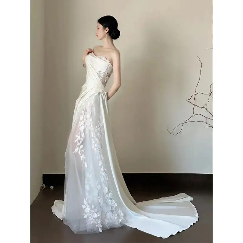 Vestido de novia de cola de pez con falda acampanada sin tirantes, tirantes sexys de encaje satinado para boda, personalizado para fiestas y salidas