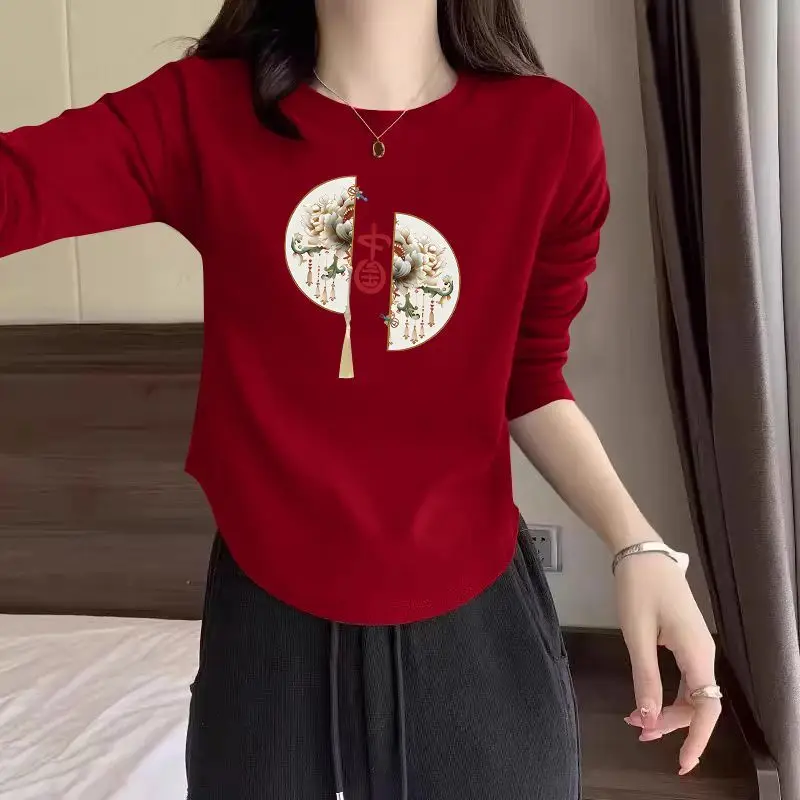Chinese Style Women Blouse With Traditional Fan Print Design For Spring And Autumn Casual Wear