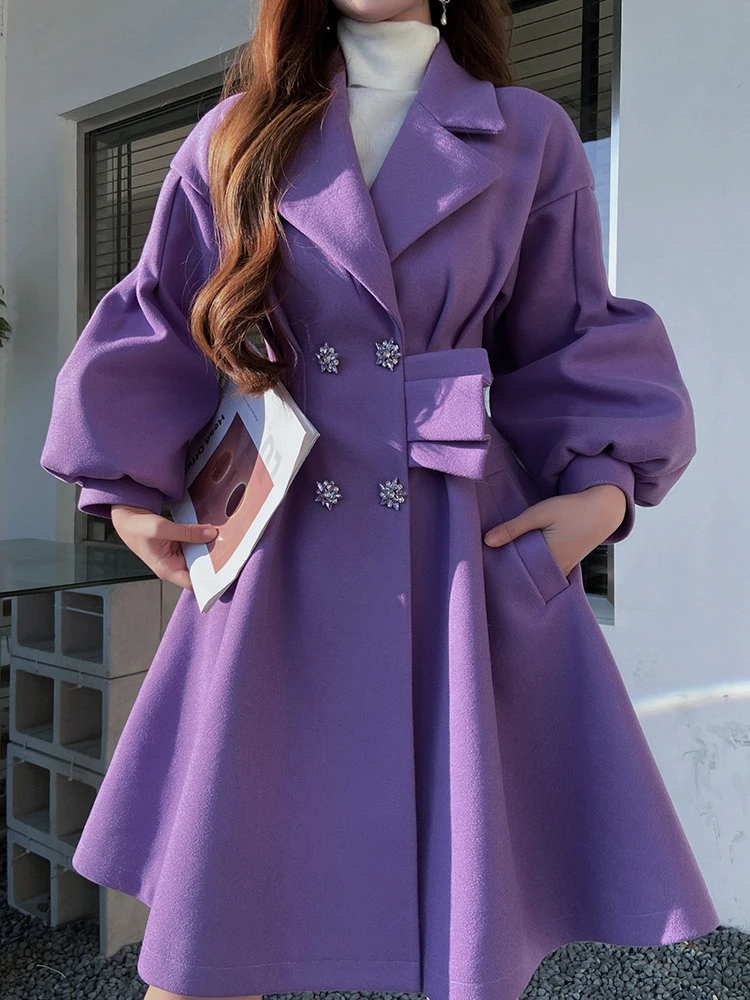 Dabuwawa Elegant Slim Waist Slimming Lantern Sleeve Swing Woolen Coat Women Autumn and Winter High-Grade Purple Cashmere Coats