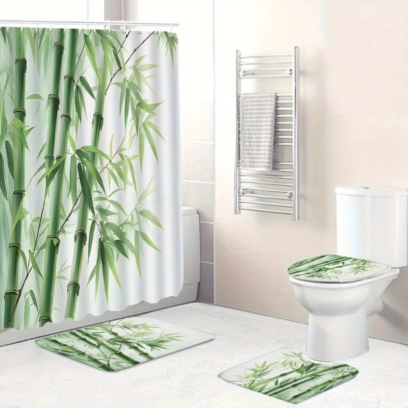 緑の竹がプリントされたシャワーカーテンのセット,滑り止めのバスルームラグ,U字型トイレ,防水,12フック,1個,4個