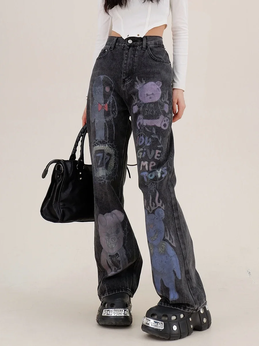 Creative Graffiti Jeans Women's 2024 Autumn New Loose Bf American High Street Straight