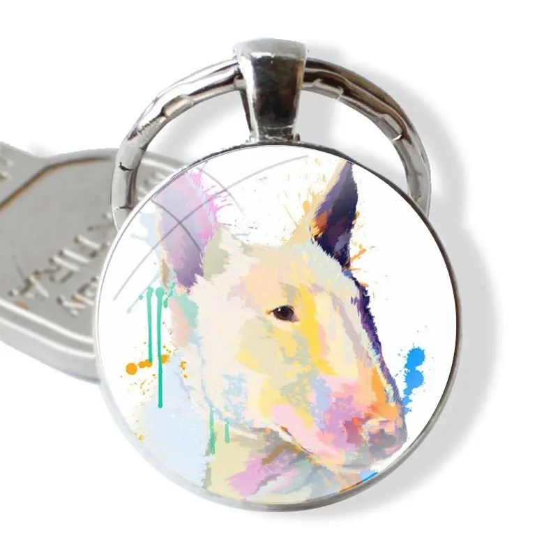 Keychain Handmade Glass Cabochon Key Ring Holder Pendant Key Chains Custom Bull Terrier Dog