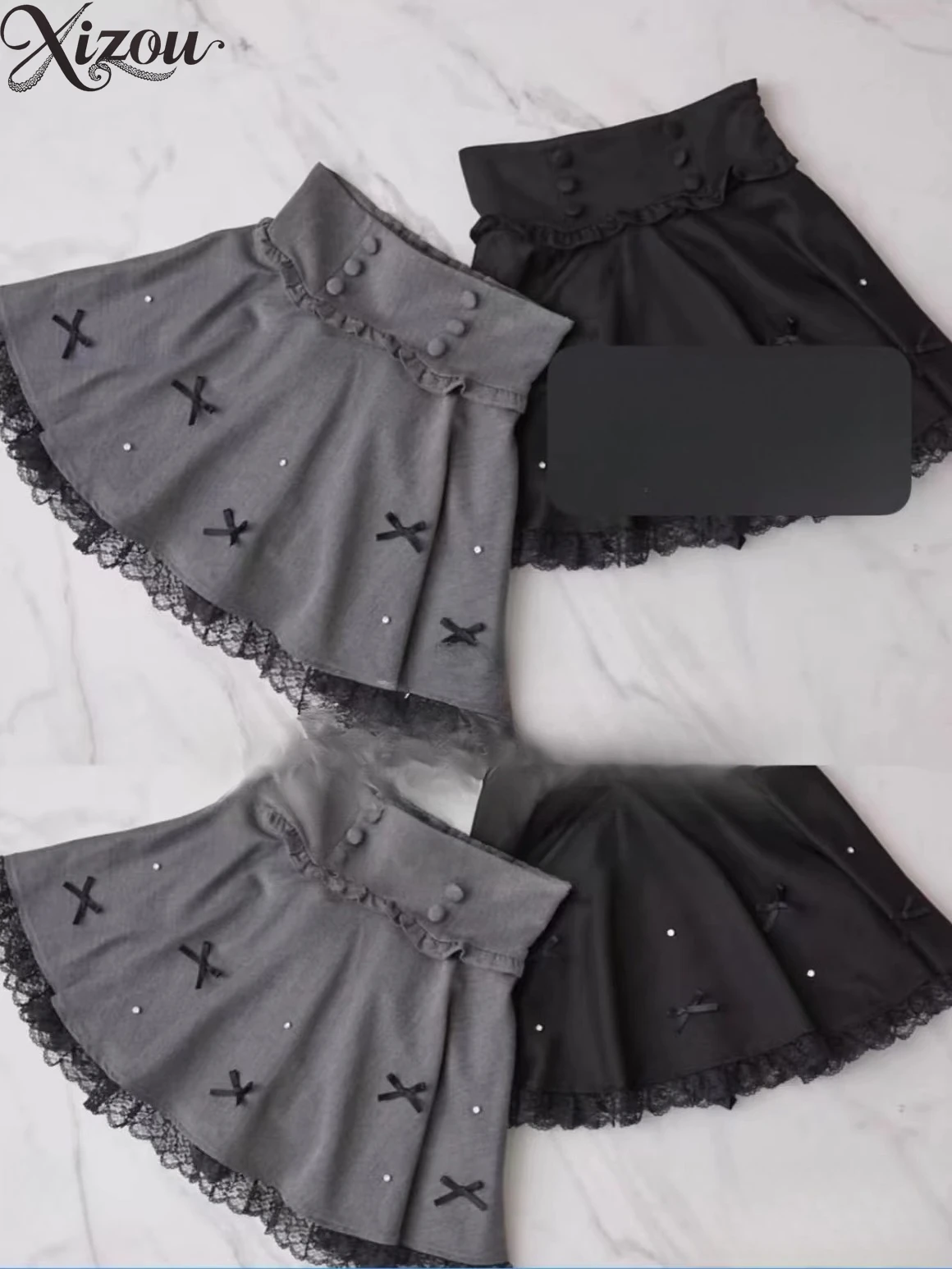 2025 Japanese Lolita Women Skirt Sweet Summer Pleated Ruffle JK A-line Bow Button Solid Color Black Gray Kawaii Lace(No Label)