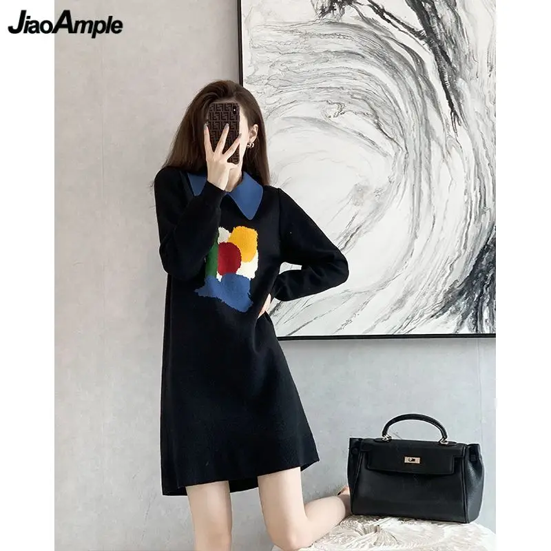 

Women's Spring Autumn Loose Floral Knit Mini Dress Polo Collar Black Patchwork Sweater Dresses 2024 New Lady Fashion Clothing