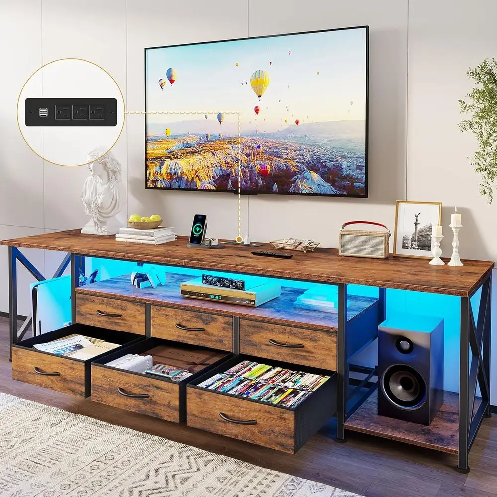 

85 Inch TV Stand with LED Lights and Power Outlets, 6 Shelves Entertainment Center, Rustic Brown