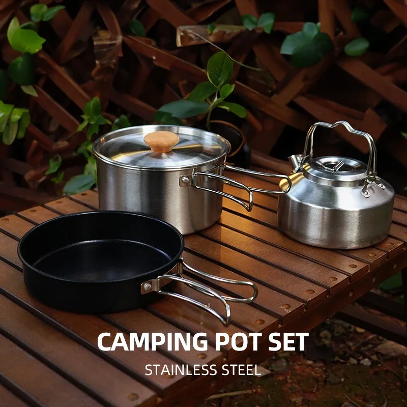 Outdoor Camping Stainless Steel Cookware Set Non-Stick Frying Pan Soup Pot Water Kettle Portable Cooking Gear for 3 to 4 People