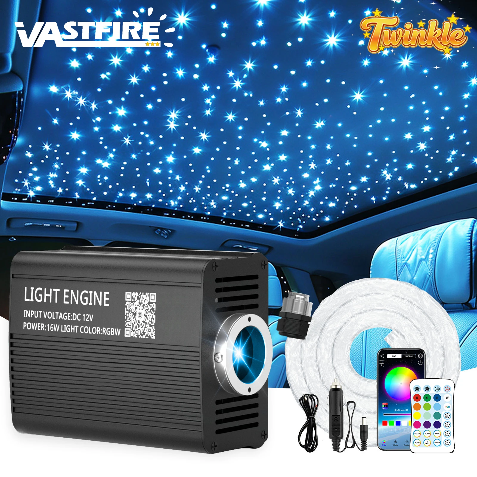 

16W Twinkle Starlight Headliner Kit 0.03in 6.5/9.8ft Fiber Optic Star Ceiling Light Sound Activated Music Mode for Car/Home