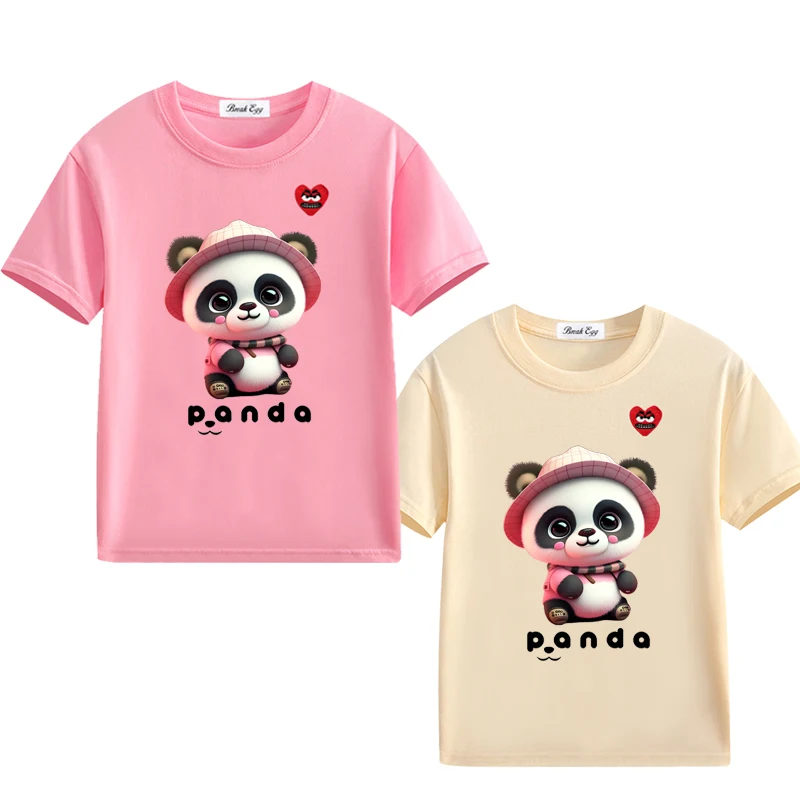 Pink Cute Panda Printing Boy Girl T-shirt Cotton Cartoon Snag Heart Embroidery O-neck Short-sleeved Kid Straight Summer T-shirt