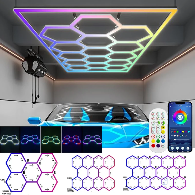 

Hexagon Garage Lights RGB Garage LED Ligh APP Remote Control Multi Color Modes for Gaming Room Bar Club Gym Ceiling Lighting