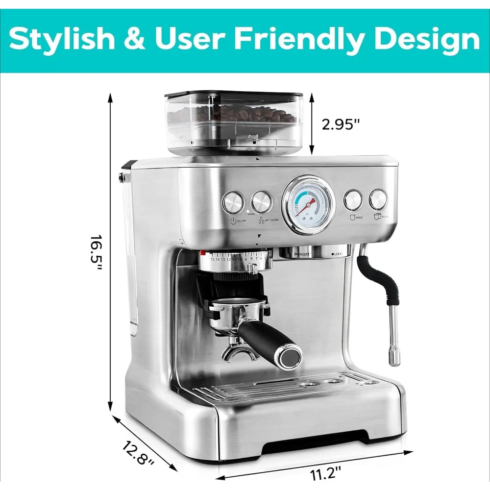 Coffee Maker Machine, Espresso Machine with Grinder, Professional Espresso Maker with Milk Frother Steam Wand, Coffee Machine