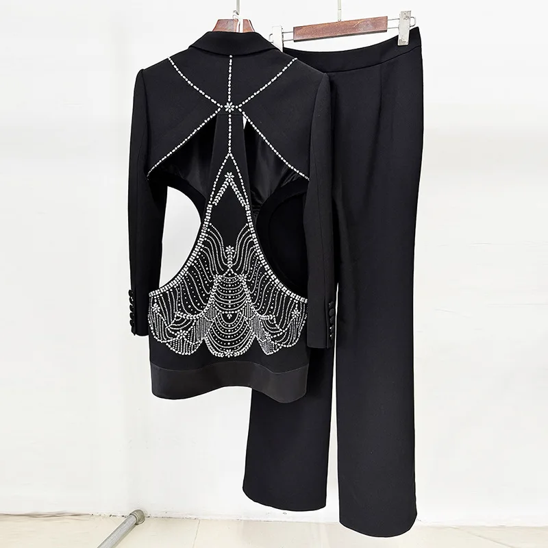 ALTA QUALITÀ Il più nuovo 2024 Designer Suit Donna Perline Diamanti Scava Fuori Bottone Singolo Giacca Pantaloni Set 2 PZ