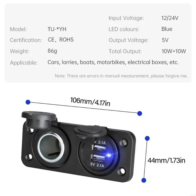 Adaptador fuente alimentación 12V-24V para coche y motocicleta, toma voltímetro USB doble, Panel montaje para