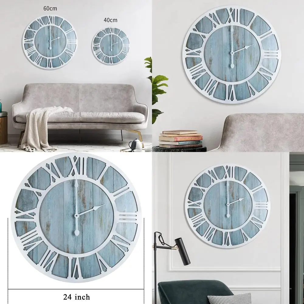 

24 Vintage Round Silent Wall Clock, Black Metal & Modern Wood, Suitable for Home, Bedroom, Kitchen, Garden, Office, Cafe - Roman