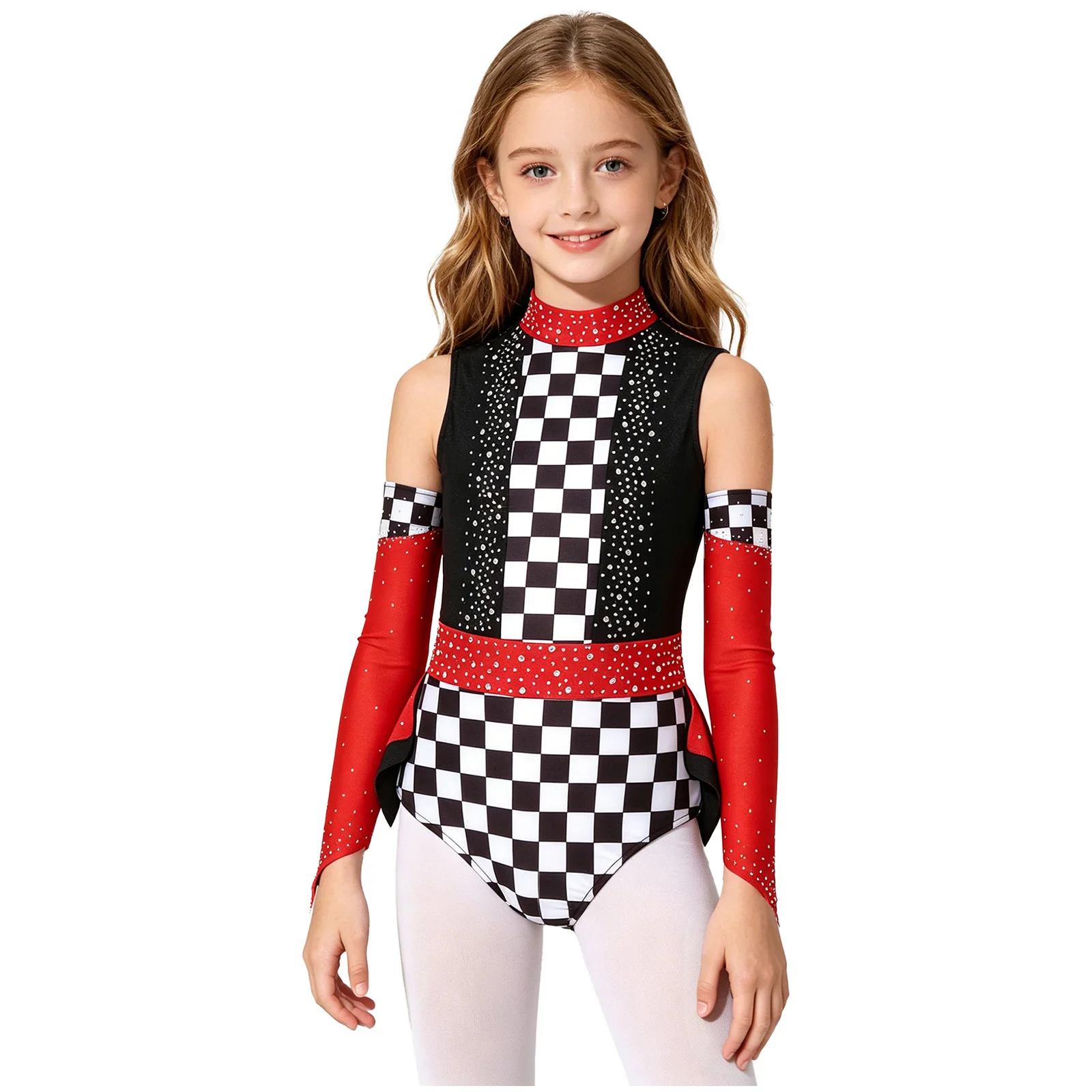 

Kids Girls Halloween Racer Car Driver Costume Rhinestones Sleeveless Plaid Bodysuit Ballet Ice Skating Dance Leotard with Sleeve
