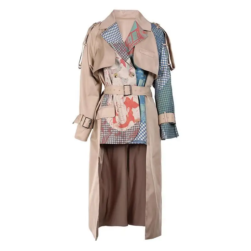 Autumn Women Trench Coat Designer Fashion Print Belt Patchwork Long Trench Coat Female Asymmetry Stylish Slim Windbreaker