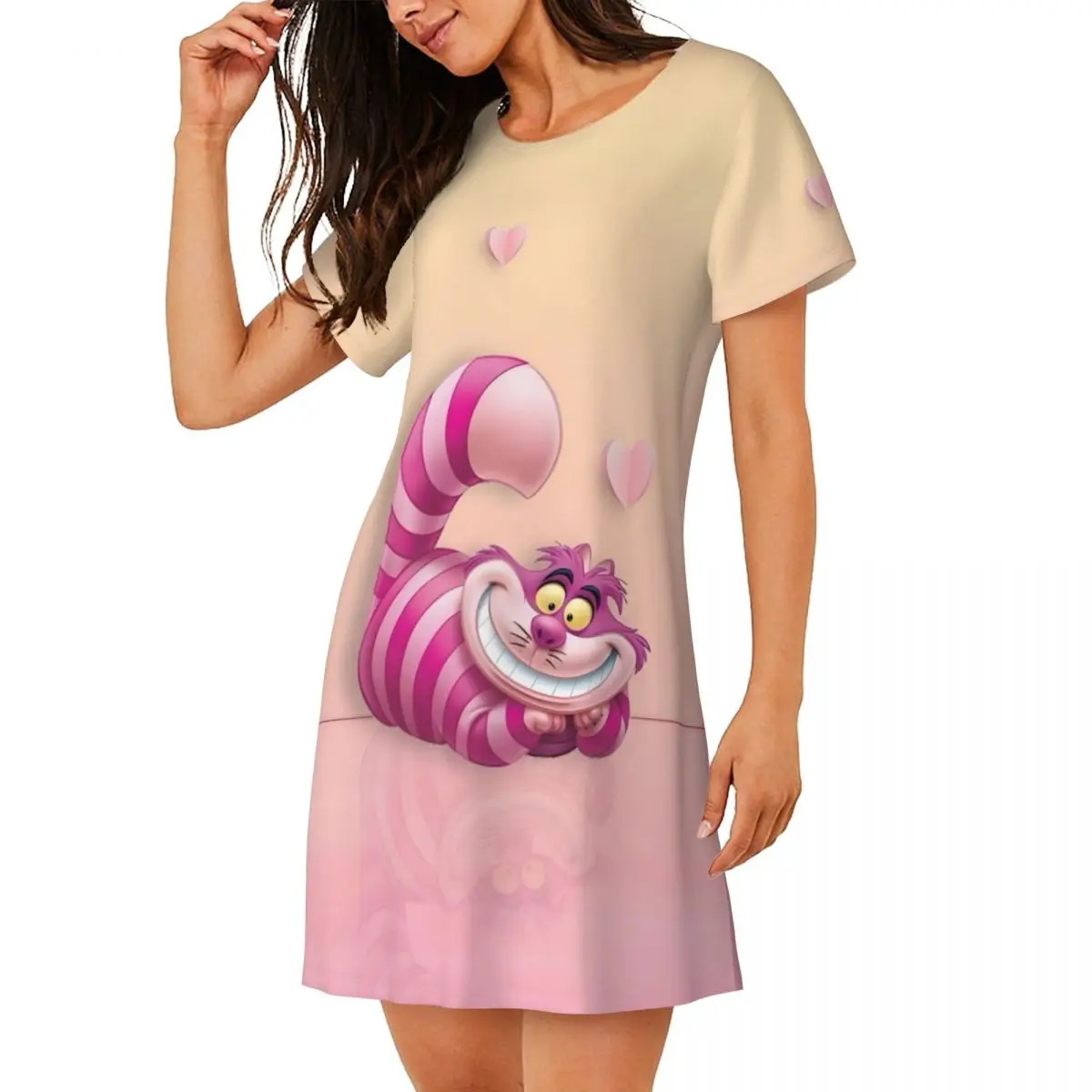 Damska koszula nocna z krótkim rękawem z motywem Cheshire Cat, uśmiechnięta koszula nocna z kotem na zakupy, podróże, koszula nocna, bielizna nocna z krótkim rękawem