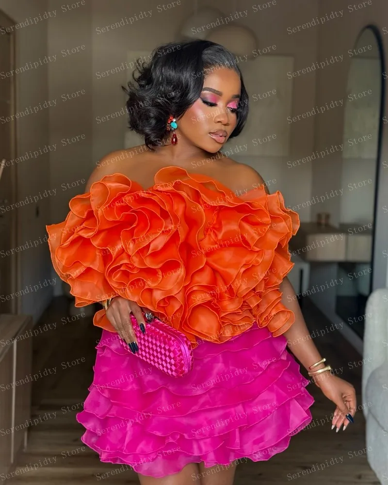 SERENDIPIDTY Strapless Bicolor Strapless Mini Length Organza Dress Orange Pink Ruffled Layered Party Dresses Custom Made